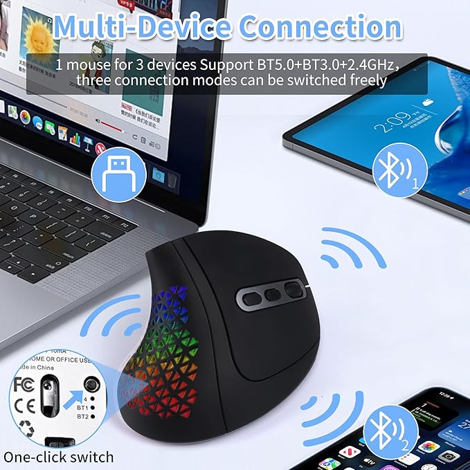 Wireless Mouse Ergonomic Right Handed Vertical Mouse with LED Light 7 Buttons 2.4GHz & Bluetooth Dual Mode Portable Rechargeable Silent Computer Mice for Laptop PC Desktop Macbook Adults Gifts(Black)