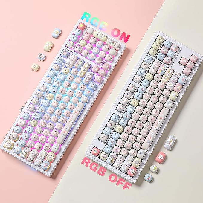 YUNZII Cute Pink Kitten Custom Keycaps, 141 Keys Dye Sub PBT MOG Profile Keycap Set for Mechanical Gaming Keyboards (Pink Kitten)