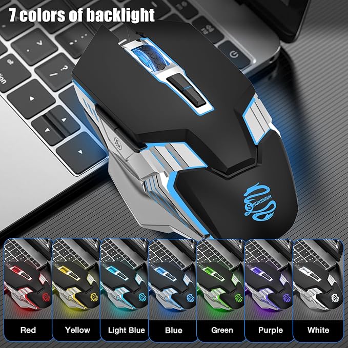 Bluetooth Gaming Mouse, RGB Rechargeable USB Wireless Mouse, Quiet Click, LED Backlit, Ergonomic, with Side Button, 6 Button, DPI Adjustable, Computer Mice for Laptop PC MacBook Chromebook - Black