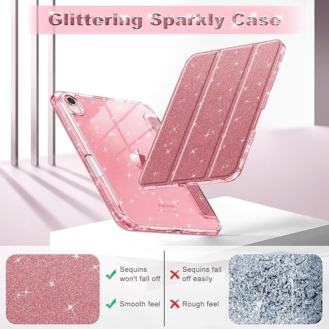 Fintie Slim Case for iPad Mini 7 (A17 Pro, 7th Generation) 2024 / iPad Mini 6 (6th Gen) 8.3 Inch - [Built-in Pencil Holder] Glittering Sparkly Shockproof Cover w/Shiny Clear Back Shell (Rose Gold)