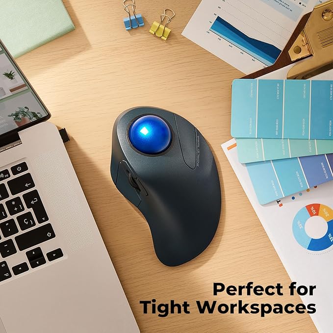 Wireless Trackball Mouse for Large Hands, Ergonomic Index Finger Control, Rechargeable Bluetooth/USB Mouse with Precise Smooth Tracking, Multi-Device Connection for Windows & Mac, Dark Blue