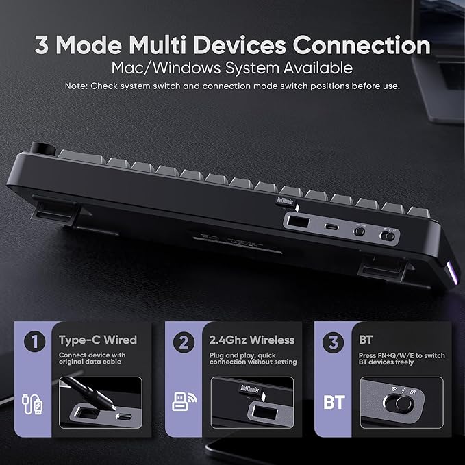 RedThunder K65 Wireless Mechanical Gaming Keyboard, Trip-Modes Connection, Gasket Custom Hot-Swap Keyboard, RGB Backlit, Pre-lubed Linear Switches, Side Engraved PBT Keycaps, Gradient Gray