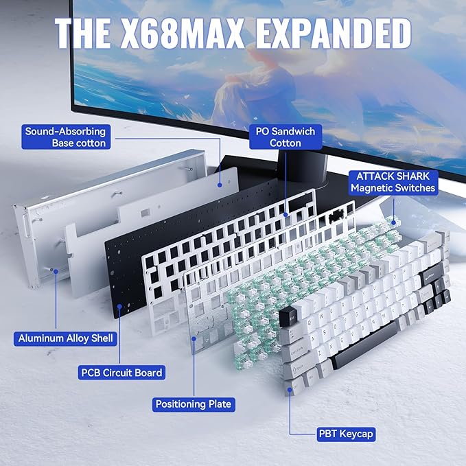 ATTACK SHARK X68 MAX HE Wired Rapid Trigger Mechanical Creamy TKL RGB Gaming Keyboard with Full Aluminum CNC,8K Polling,0.005mm Accuracy,Hall Effect Magnetic Switch,NKRO,Driver for Win Mac(Star White)