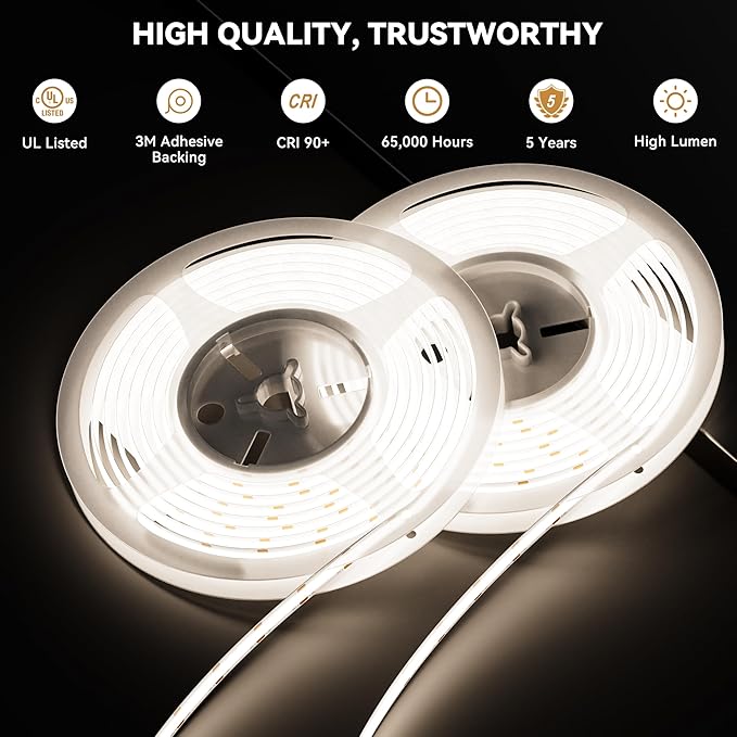 PAUTIX COB LED Strip Lights 48ft/15m Super Bright,504 LEDs/m Natural White 5000K CRI90+ Flexible LED Tape 24V for Cabinet Home DIY Lighting Projects with 2pcs COB Connector(Power Supply Not Included)