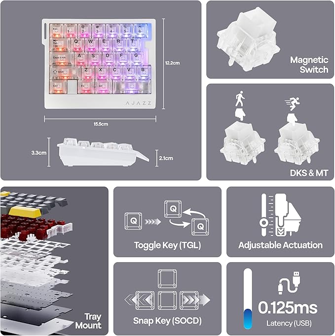 MechLands AJAZZ AK029 One Handed Gaming Keyboard, 8Khz Polling, 29 Keys Rapid Fast Wired Keyboard, SOCD & DKS, Magnetic Switch, Adjustable Actuation, RGB Backlits, Aluminum Plate (White Transparent)