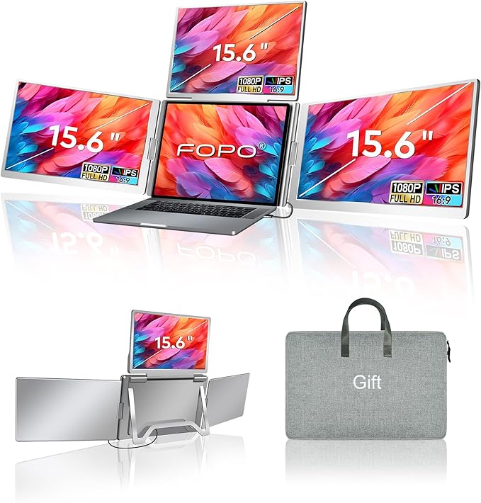 15.6" Laptop Screen Extender Monitor Portable, Quad Monitor, Just 1 Cable for 3 Screens, FHD 1080P IPS Laptop Extender Compatible with Wins/Mac for 13.6" ~ 17.3" Laptops