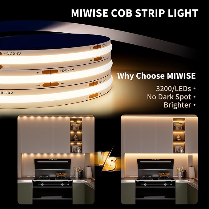 MIWISE COB LED Strip Light 32.8ft/10m,CRI 90+ Warm White 3000K High Lumen Dimmable Super Bright Flexible DC24V LED Tape Light with Controller/Dimmer,for Cabinet Home Office DIY Lighting Projects