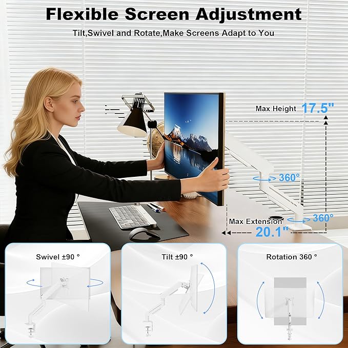 THEARK Single Monitor Desk Mount 17"-32" Screens - Adjustable Gas Spring Monitor Arm Computer Monitor Stand up to 19.8 lbs,VESA Arm Desk Mount with C-Clamp and Grommet Base,VESA 75x75/100x100mm,White