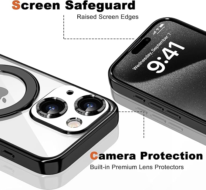 Compatible with iPhone 15 Plus Case with Invisible Magnetic Ring Stand [Compatible with Mag-Safe] [Full Camera Lens Protector] Plating Clear Phone Case for iPhone 15 Plus 6.7", Black