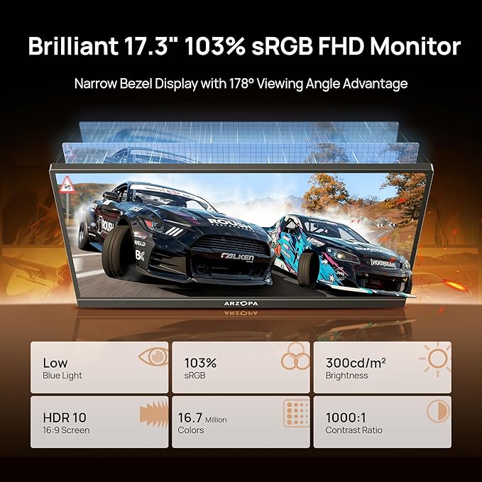 ARZOPA 17.3" Portable Monitor, 1080P FHD 103% sRGB IPS Gaming Monitor Laptop Monitor with Built-in Kickstand HDMI USB C External Screen for PC Mac Phone Xbox PS5 - A1M