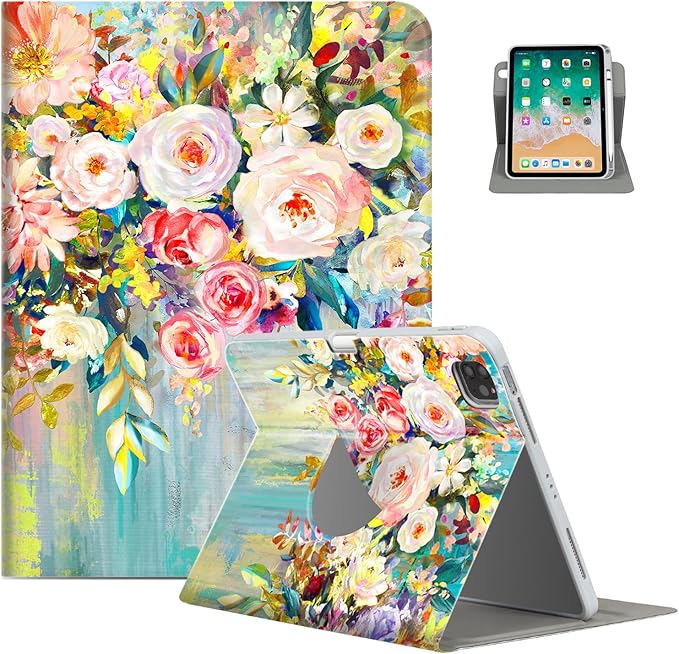 for iPad Air 11 Inch Case M4/M3/M2 2026, 360 Degree Rotating for iPad Air 5Th/4Th Gen Cases 10.9-inch,for iPad Pro 11 Inch Case 4Th/3Rd/2Nd/1St Generation Pencil Holder, Oil Painting Flower