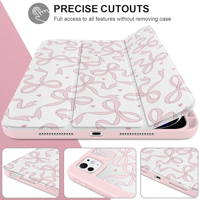 TWOLSKOO Case for iPad Pro 11-inch (M5 2025 / M4 2024), Clear Acrylic Back with TPU Bumper, Pencil Holder, Trifold Stand, Auto Sleep/Wake, Pink Bows