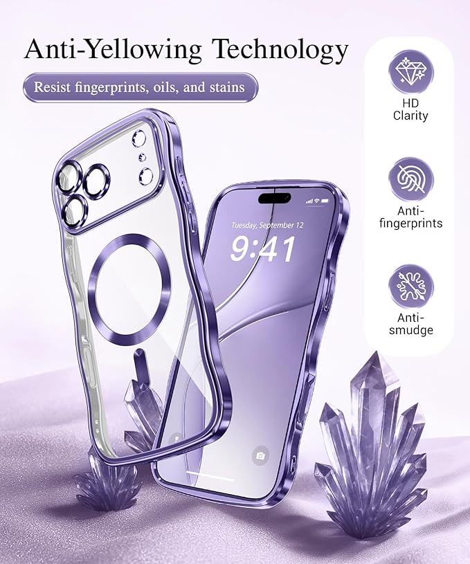 GVIEWIN for iPhone 17 Pro Max Case Compatible with MagSafe, Upgraded [Full Camera Protection][Cute Wave Frame][Military Grade Protection] Electroplated Hard Phone Cover for Women Girl, Clear/Purple