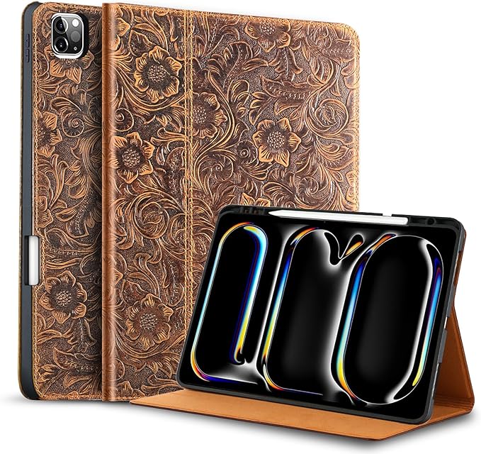 Gexmil Genuine Leather Case for iPad Pro 11 Inch (M5/M4) 2025/2024 with Pencil Holder,Protective Shockproof Leather Smart Folio Cover Adjustable Stand Auto Sleep/Wake Anti-Slip, Flower Brown