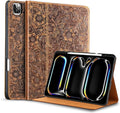 Gexmil Genuine Leather Case for iPad Pro 11 Inch (M5/M4) 2025/2024 with Pencil Holder,Protective Shockproof Leather Smart Folio Cover Adjustable Stand Auto Sleep/Wake Anti-Slip, Flower Brown