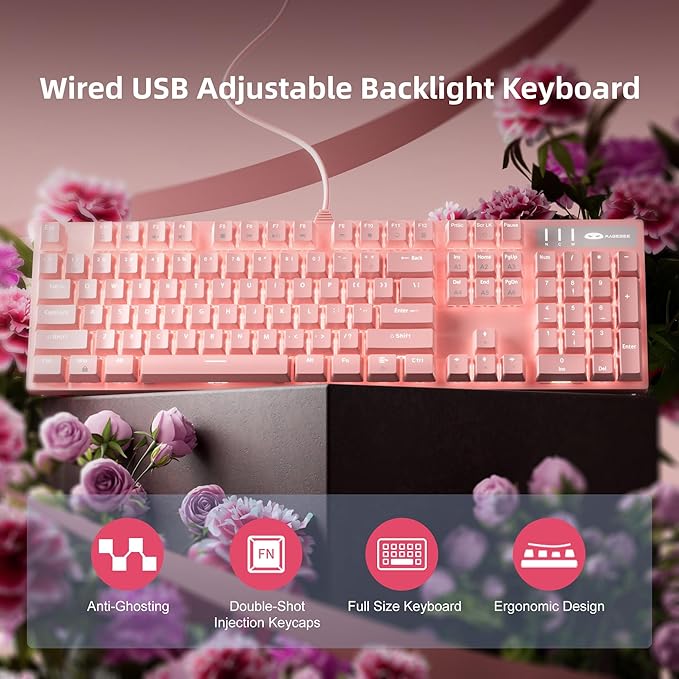 MageGee Pink Gaming Keyboard USB Wired Keyboard, New Mechanical Storm Adjustable Backlight Keyboards Splash-Proof Ideal for PC/Laptop/MAC Game(Pink)