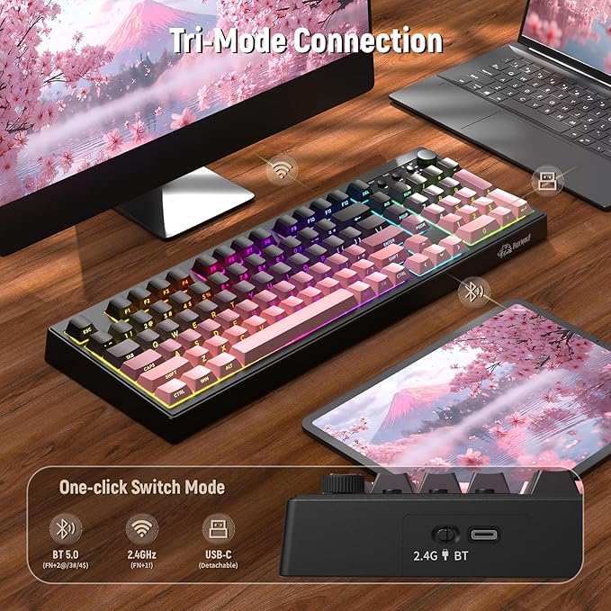 ZIYOU LANG K100 Wireless Gaming Keyboard,99 Keys Tri-Mode BT/2.4GHz/USB-C Creamy Color Keyboard with Number Pad RGB,Media Knob Custom Programmable Computer Keyboards for PC/Mac/Xbox (Pink)