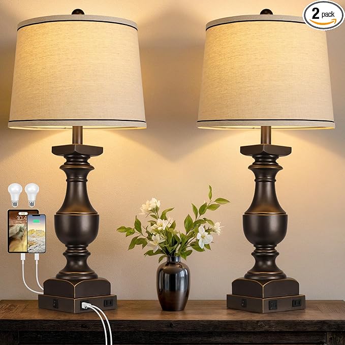 28'' Farmhouse Bedside Lamps Set of 2, Black Gold Table Lamps for Nightstand, Desk Lamps with Linen Shades, Table Lamps with USB A+C Port, Nightstand Lamps for Bedroom, Rocker Switch, Bulb Included