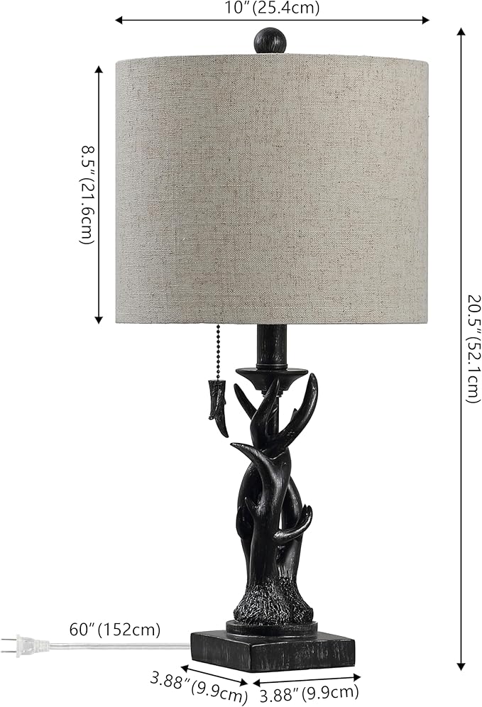 JONATHAN Y 20.5" Antique Black Rustic Antler Table Lamp for Bedroom Farmhouse Decor, Mini Faux Antler Desk Lamp with Gray Linen Shade, Lodge Cabin Nightstand Lamp, LED Bulb (JYL1031B)