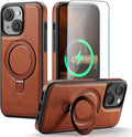 for iPhone 15 Plus Case with Stand, Compatible with MagSafe, Slim PU Leather & Durable TPU Protective Magnetic Kickstand Cover Drop-Proof with Tempered Glass Screen Protector 6.7", Brown