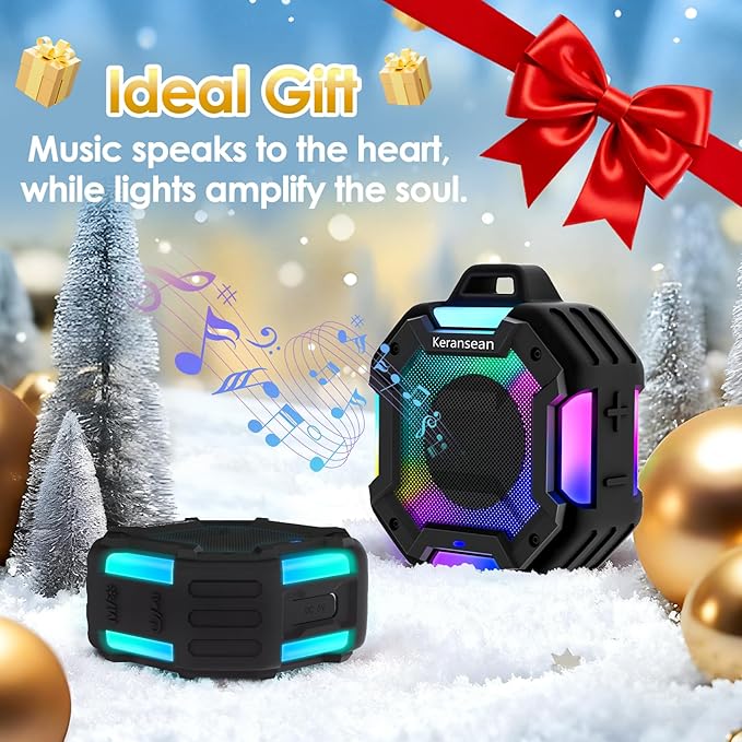Shower Speaker Bluetooth 5.4, IPX7 Waterproof Portable Bluetooth Speakers with LED Lights, 24H Playtime, TWS Pairing for Dual Stereo Sound, Detachable carabiner for Outdoor Pool Beach Gift -Black