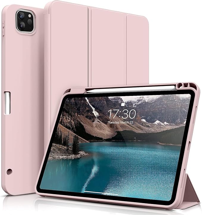 KENKE for iPad Pro 11 Inch Case 4th/3rd/2nd Generation 2022/2021/2020 Magnetic Attachment 2nd Pencil with Right Side Pencil Holder Soft Slim PU Cover Auto Wake/Sleep (Pink)