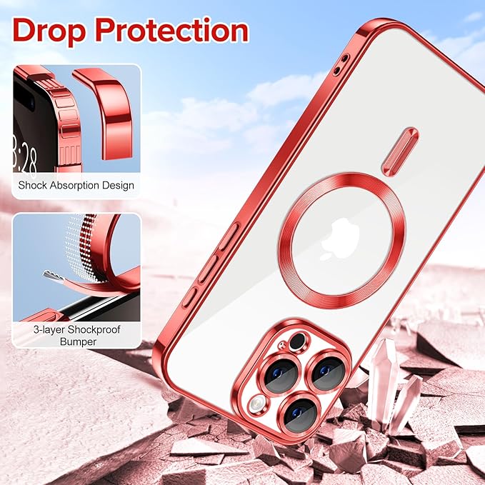 Hython Magnetic Clear for iPhone 16 Pro Case with Camera Lens Protector [Compatible with MagSafe] Luxury Plating Edge Slim Soft TPU Cover Protective Phone Case for iPhone 16 Pro 6.3", Red