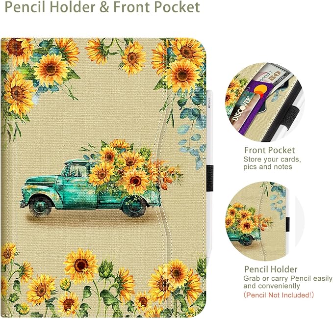for iPad (A16) 11Th/10Th Generation Case 2025/2022, for iPad Case 11Th/10Th Generation, 10Th/11Th Gen iPadCase Cover Pencil Holder/Hand Strap/Pocket/Adjustable Stand, Sunflower Truck