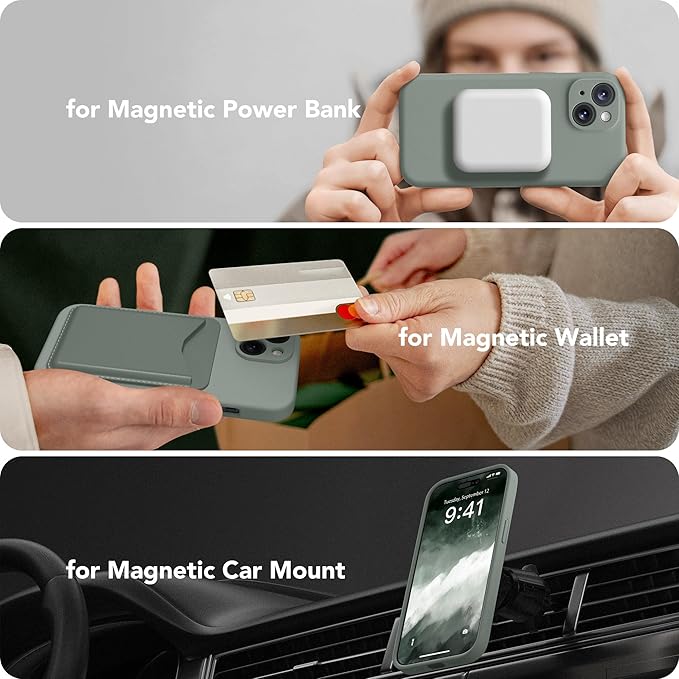 Magnetic for iPhone 14 Case, Compatible with MagSafe, [Full Camera Protection][Screen Protector] Silicone Shockproof Protective Phone Case for iPhone 14 6.1 inch, Calke Green