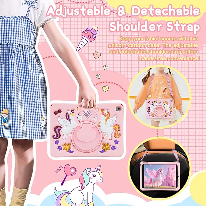 HianDier for iPad 9th Generation Case/iPad 8th Generation Case/iPad 7th Generation Case Cute Unicorn Silicone Tablet Cover with Detachable Strap and Rotatable Stand Shockproof Cover-Pink