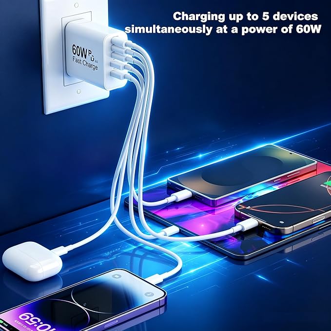 USB C Fast Charger Block, 5-Port 60W USB-C Wall Charger Plug, Multiport Phone Charging Cube,Type C Power Adapter Brick Box for Apple iPhone 17 16 15 14 13 12 11 7 6 Pro Max/Plus,iPad Air/Mini,Samsung