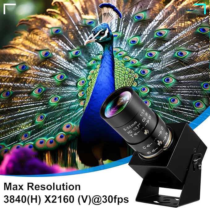 4K Ultra HD USB Webcam, 5-50mm 10X Optical Manual Zoom Lens, 2160P High Definition Camera for Live Streaming, Video Conference, Lightburn, Plug & Play for Windows Mac OS Linux