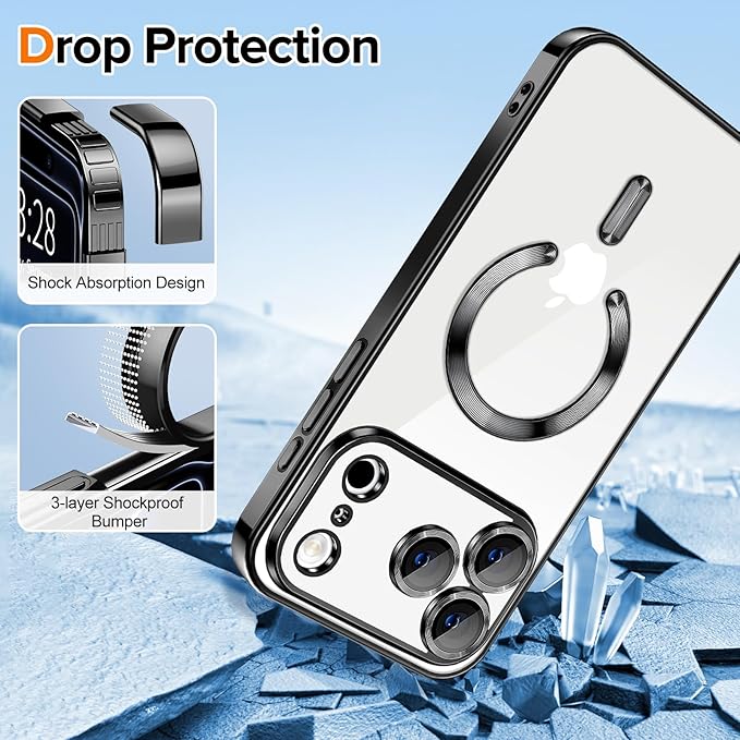 Hython Magnetic Clear for iPhone 17 Pro Case with Camera Lens Protector [Compatible with MagSafe] Luxury Plating Edge Slim Soft TPU Cover Protective Phone Case for iPhone 17 Pro 6.3", Black