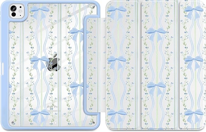 TWOLSKOO Case for iPad Pro 11-inch (M5 2025 / M4 2024), Clear Acrylic Back with TPU Bumper, Pencil Holder, Trifold Stand, Auto Sleep/Wake, Wavy Stripes & Bows