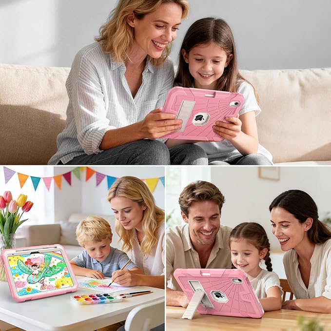 SIBEITU iPad 11th A16 2025/ 10th Generation Case for Kids Girls, Shockproof Rugged iPad 10th 10.9 Inch Case 2022 with Kickstand & Pencil Holder, 3-Layer Protective Cute 10 Gen Cover for Women, Pink