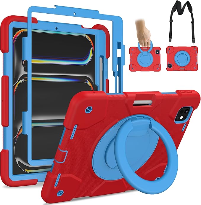 Andnary Case for iPad Pro 11 Inch M4 2024/M5 2025 Case, Heavy Duty Shockproof Cover with Screen Protector/360° Rotate Stand/Shoulder Strap/Pencil Holde (Red+Blue, iPad Pro M4/M5 11 inch)