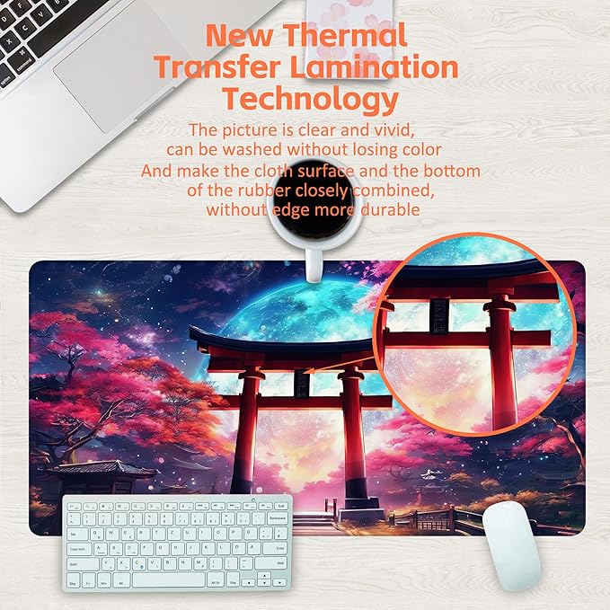 Anime Torii Gate Desk Mat, Cherry Tree and Galactic Sky Large Gaming Mouse Pad, 31.5"x15.7" Extended Big Computer Keyboard Mouse Pad with Non-Slip Base and Stitched Edge