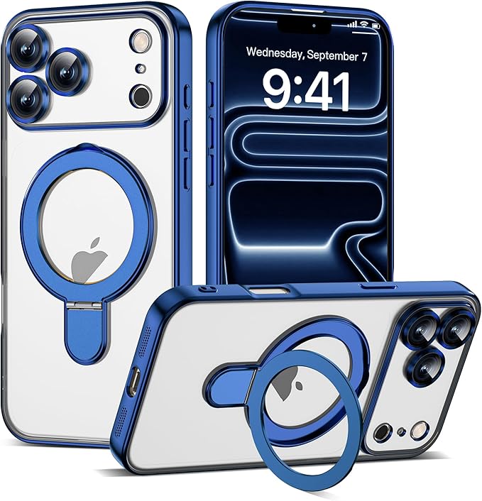 Compatible with iPhone 17 Pro Max Case with Magnetic Ring Stand [Compatible with Mag-Safe] [Full Camera Lens Protector] Plating Clear Phone Case for iPhone 17 Pro Max 6.9", Blue