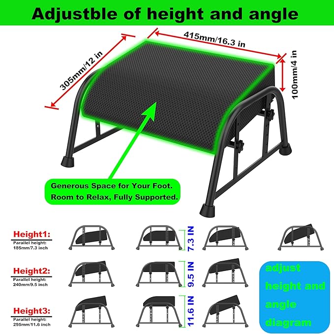 Under Desk Footrest with Memory Foam, Adjustable 10-Level Ergonomic Foot Rest for Office & Gaming Desk Accessories for Leg Rest, Reinforced Metal Frame, Non-Slip Base Extra Large（Black