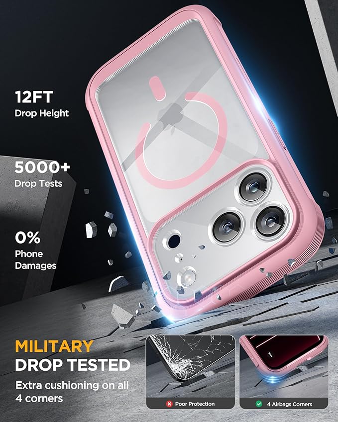 Miracase Magnetic for iPhone 17 Pro Case 6.3" [Compatible with MagSafe] Full-Body Phone Case with Built-in Glass Screen Protector & Camera Control,Drop Proof iPhone 17 Pro Cover, Pink
