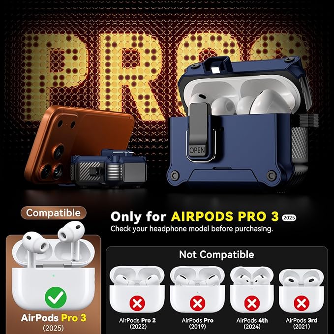 Inesore Compatible with AirPods Pro 3 Generation Case,Secure Lock & Phone Stand Design,Compatible with MagSafe,Automatic Snap Switch Secure Cover for New AirPods Pro 3rd (2025)-Dark Blue