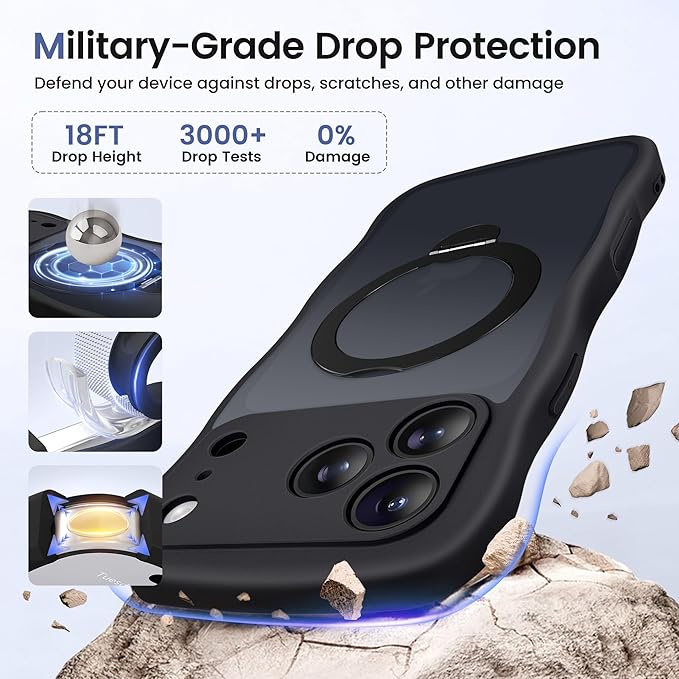 CAPRARO for iPhone 17 Pro Case with 360° Spin Magnetic Stand for Women, [Compatible with MagSafe] [Full Camera Protection] Cute Wave Translucent Matte Case for iPhone 17 Pro, Black