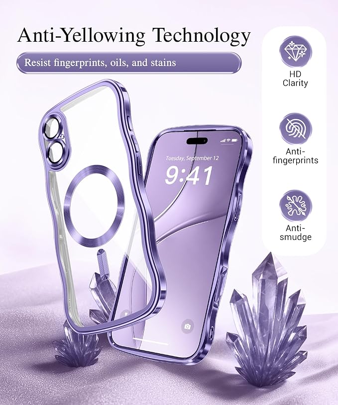 GVIEWIN for iPhone 17 Case Compatible with MagSafe, Upgraded [Full Camera Protection][Cute Wave Frame][Military Grade Protection] Electroplated Hard Phone Cover for Women Girl, Clear Purple