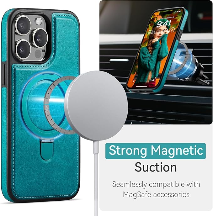 Compatible with iPhone 15 Pro Case with Stand, Compatible with MagSafe, Slim PU Leather & Durable TPU Protective Cover Drop-Proof with Tempered Glass Screen Protector 6.1", Green
