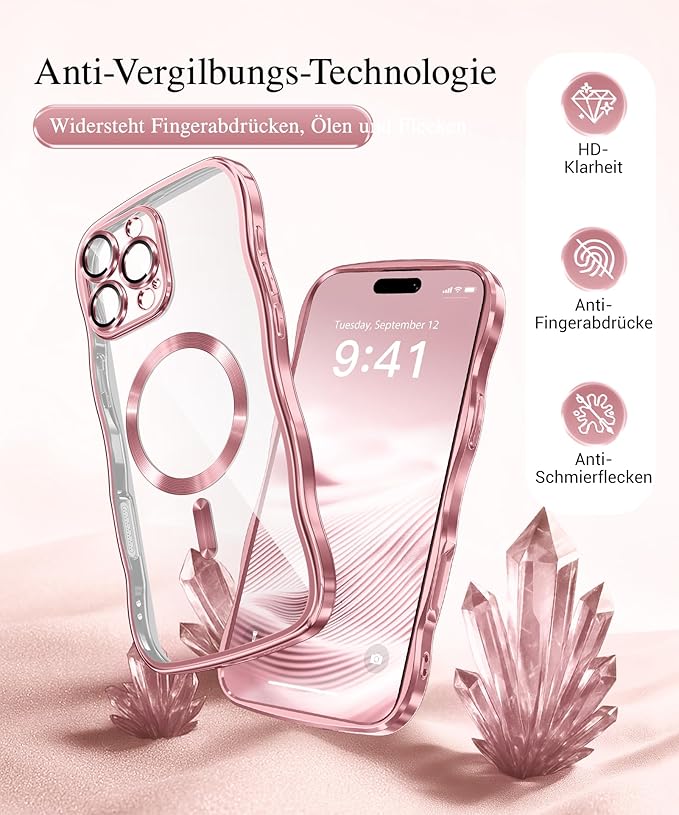 GVIEWIN for iPhone 16 Pro Max Case Compatible with MagSafe, Upgraded [Full Camera Protection][Cute Wave Frame][Military Grade Protection] Electroplated Soft Phone Cover for Women Girl, Clear/Pink