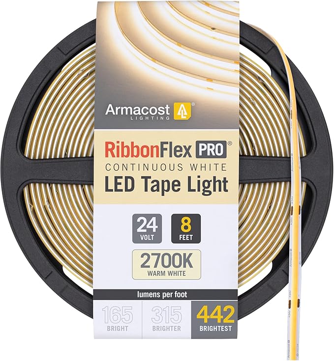 Armacost Lighting RibbonFlex Pro 24V White COB LED Strip Light Tape 2700K, 442 Lumens/Ft, 2.5M 173110