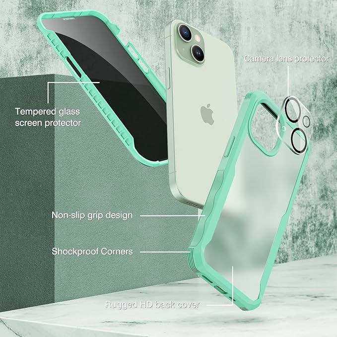 CENHUFO Privacy for iPhone 15 Plus Case, Full Body Phone Case with Built-in 9H Tempered Glass Privacy Screen Protector and Camera Lens Protector, Anti Peep Spy Shockproof Bumper Clear Cover -Green