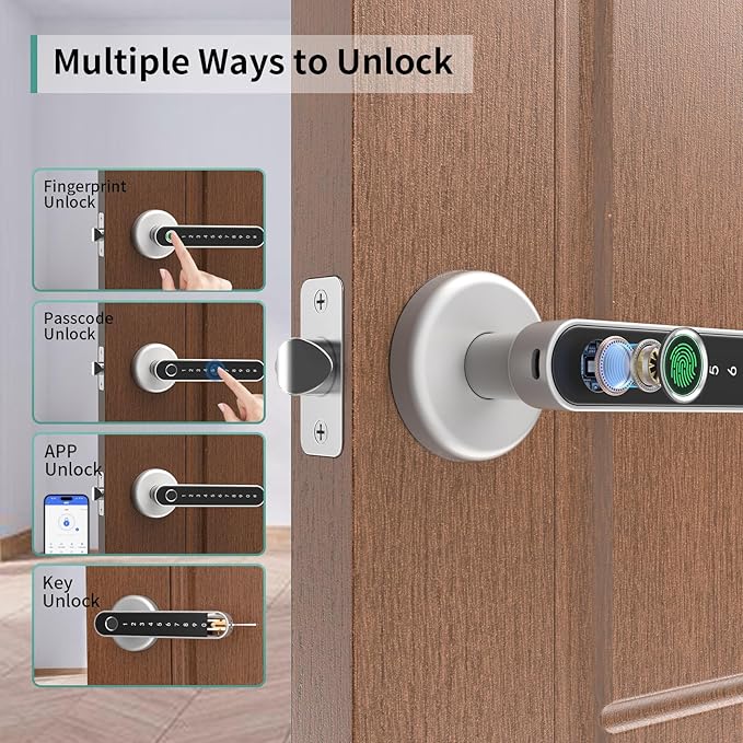 IRONZON Fingerprint Door Handle for Bedrooms - 191Y 4-in-1 Fingerprint Door Lock with Keypad and App Control, Smart Knob for Bedroom with Key, Keyless Entry Door Handle - Silver