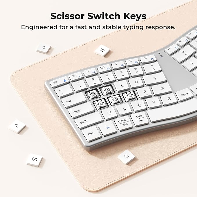 MEETION Wireless Ergonomic Keyboard, S-Curve Design Split Keyboard, 2.4G USB-A & Dual Bluetooth Keyboards, Slim Low-Profile Keys, Type-C Rechargeable, Full-Size Layout for Windows/Mac/PC/Laptop, White
