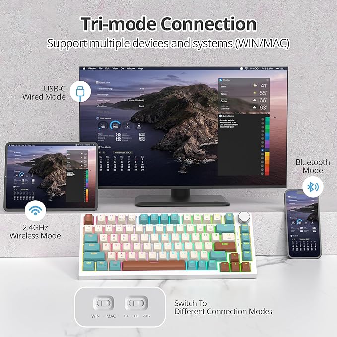 400PRO 75% Wireless Creamy Mechanical Keyboard Bluetooth, Gasket Hot Swappable RGB Gaming Keyboard, Bluetooth/2.4GHz/USB-C Thocky Keyboard with Pre-lubed Cream Grey Switches (82 Brown White)